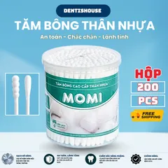 [ Hàng Việt Nam ]  Hộp 200 cái Tăm bông 2 đầu MOMI, Tăm bông thân nhựa kháng khuẩn ngoáy mũi ngoáy tai cho cả gia đình.