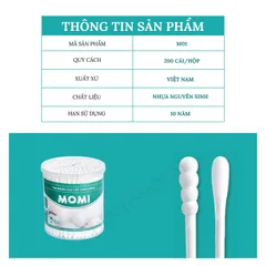 [ Hàng Việt Nam ]  Hộp 200 cái Tăm bông 2 đầu MOMI, Tăm bông thân nhựa kháng khuẩn ngoáy mũi ngoáy tai cho cả gia đình.