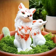 Cặp tượng hồ ly trắng bằng nhựa resin cao cấp trang trí chậu cây,tiểu cảnh,bàn học…kích thước 13*7,5cm và 8,5*5.5cm
