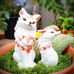 Cặp tượng hồ ly trắng bằng nhựa resin cao cấp trang trí chậu cây,tiểu cảnh,bàn học…kích thước 13*7,5cm và 8,5*5.5cm