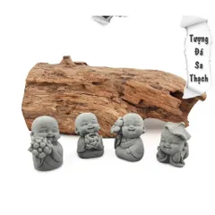 Bộ tượng 4 tiểu hoà thượng cầm hoa bằng đá sa thạch sắc nét - trang trí bàn trà,góc thiền,terrarium,chậu cây,…