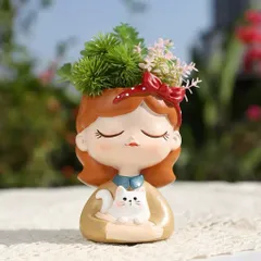 chậu cô gái dễ thương Bằng Resin Cao Cấp thương hiệu Roogo – Decor Bàn Làm Việc ,trang trí,làm quà tặng… kt 11*7,5 cm