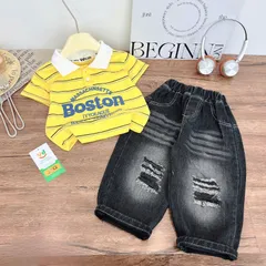 Bộ Quần Áo Bé Trai Áo Polo Boston Kẻ Sọc Phối Quần Jean Rách Cá Tính – Thời Trang Bé Trai Cao Cấp
