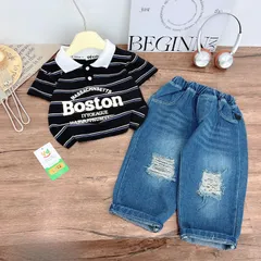 Bộ Quần Áo Bé Trai Áo Polo Boston Kẻ Sọc Phối Quần Jean Rách Cá Tính – Thời Trang Bé Trai Cao Cấp