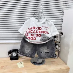 Bộ Quần Áo Bé Trai In Chữ Cá Tính – Áo Thun Trắng Phối Quần Short Jean Xám Thời Trang Cho Bé