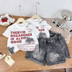 Bộ Quần Áo Bé Trai In Chữ Cá Tính – Áo Thun Trắng Phối Quần Short Jean Xám Thời Trang Cho Bé
