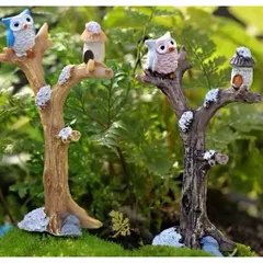 Mô hình cú mèo và nhà nhấm trên thân cây - decor tiểu cảnh siêu xinh