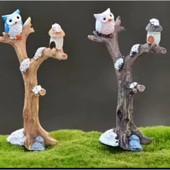 Mô hình cú mèo và nhà nhấm trên thân cây - decor tiểu cảnh siêu xinh