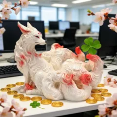 Tượng hồ ly 9 đuôi phong thủy trang trí – Hồ ly trắng vẽ điểm đỏ tinh xảo kích thước 13,8*17,6 cm