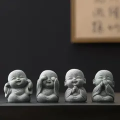 Bộ 4 tiểu hoà thượng tứ không bằng đá sa thạch tinh sảo - trang trí bàn trà,góc thiền,terrarium,bể cá…