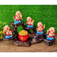 Bộ 05 tượng Di Lặc 7cm kèm chân đế Như Ý Cát Tường và chậu vàng Tài Lộc