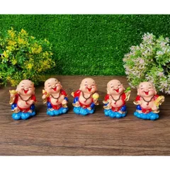 Bộ 05 tượng Di Lặc 7cm kèm chân đế Như Ý Cát Tường và chậu vàng Tài Lộc