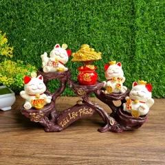 Bộ 04 chú Mèo Thần Tài kèm cây tiền và chân đế Tài Lộc Phát
