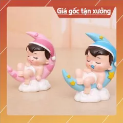 Phụ kiện bánh sinh nhật bánh kem - CẶP ĐÔI EM BÉ NẰM TRÊN TRĂNG trang trí bánh