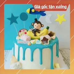 Trang trí bánh sinh nhật bánh kem cho bé - cặp đôi khỉ ôm chuối ( 2 con )