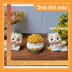 Cặp Kỳ Lân lớn kèm chậu vàng may mắn - màu trắng