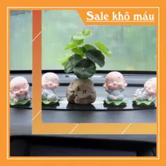 Bộ 04 chú tiểu áo lam ngồi lá sen kèm chậu cây trang trí