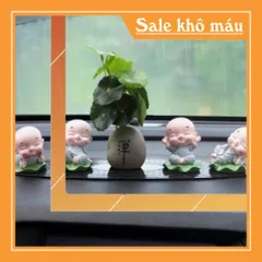 Bộ 04 chú tiểu áo lam ngồi lá sen kèm chậu cây trang trí