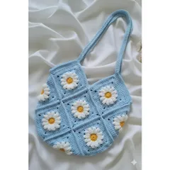 Túi tote len hình hoa cúc, túi len handmade họa tiết hoa cúc