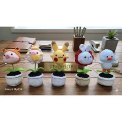 Chậu hoa đầu thú len handmade trang trí bàn làm việc – Quà tặng dễ thương