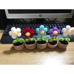 Chậu hoa len 5 cánh mini để trang trí bàn làm việc