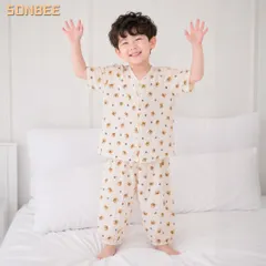 Đồ bộ dài bé trai cổ tim SONBEE, chất liệu vải xô muslin cotton mềm mát, áo tay lỡ quần bo