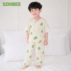 Đồ bộ dài bé trai cổ tim SONBEE, chất liệu vải xô muslin cotton mềm mát, áo tay lỡ quần bo