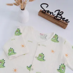 Đồ bộ dài bé trai cổ tim SONBEE, chất liệu vải xô muslin cotton mềm mát, áo tay lỡ quần bo