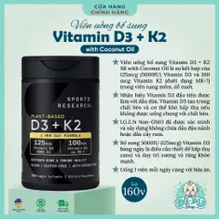 Vitamin D3 + K2 SPORTS RESEARCH SR mẫu mới Veggie Softgels