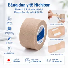 Băng dán y tế nichiban 25mm x 9m màu da ít lộ dễ cắt vải không dệt mềm tiện lợi cho chăm sóc tại nhà