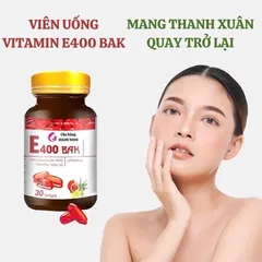 Vitamin E400 BAK E đỏ 400mg (Hộp 30 viên) bổ sung tinh dầu hoa anh thảo, tinh dầu thông đỏ, giúp đẹp da, mờ thâm nám.