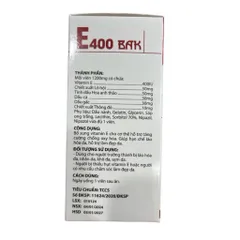Vitamin E400 BAK E đỏ 400mg (Hộp 30 viên) bổ sung tinh dầu hoa anh thảo, tinh dầu thông đỏ, giúp đẹp da, mờ thâm nám.