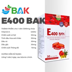 Vitamin E400 BAK E đỏ 400mg (Hộp 30 viên) bổ sung tinh dầu hoa anh thảo, tinh dầu thông đỏ, giúp đẹp da, mờ thâm nám.