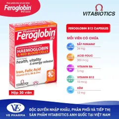 TPBVSK Vitabiotics FEROGLOBIN B12 Capsules Bổ Sung Sắt, Kẽm, Axit Folic, B6 Hỗ Trợ Tăng Khả Năng Tạo Máu, 30 Viên