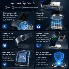 Đế Sạc Không Dây 3 Trong 1 TEC Làm Lạnh, Sạc Nhanh 15W Cho iPhone Apple Watch AirPods, Nam Châm Hút