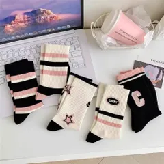 Combo 5 Đôi Tất Nữ Cổ Cao Phong Cách Hàn Quốc Ulzzang, Set Vớ Nữ Thể Thao Thêu Chữ STAR, Chữ C, Kẻ Sọc Cá Tính