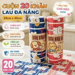 Cuộn Khăn Lau Đa Năng Họa Tiết Chó Mèo Dễ Thương (20 Tờ - Size 25cm) - Khăn Lau Xé Tay Nhà Bếp Thấm Hút Dầu Mỡ