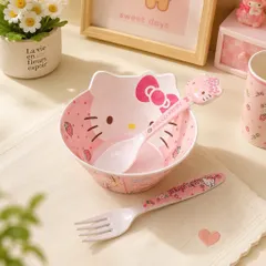 BỘ BÁT ĂN DẶM KÈM THÌA DĨA HÌNH HELLO KITTY HỒNG SIU CUTE - Tô Ăn Cơm, Đựng Salad, Ngũ Cốc Cho Bé Và Dân Văn Phòng