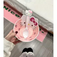 BỘ BÁT ĂN DẶM KÈM THÌA DĨA HÌNH HELLO KITTY HỒNG SIU CUTE - Tô Ăn Cơm, Đựng Salad, Ngũ Cốc Cho Bé Và Dân Văn Phòng