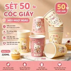 SÉT 50 CỐC GIẤY DÙNG 1 LẦN 220ML HÌNH MÈO NGỌT NGÀO - Ly Giấy Cao Cấp Chống Thấm Nước Dùng Cho Tiệc Tùng, Văn Phòng