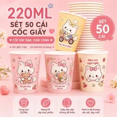 SÉT 50 CỐC GIẤY DÙNG 1 LẦN 220ML HÌNH MÈO NGỌT NGÀO - Ly Giấy Cao Cấp Chống Thấm Nước Dùng Cho Tiệc Tùng, Văn Phòng