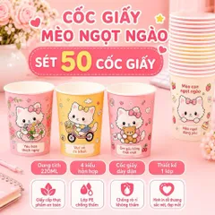 SÉT 50 CỐC GIẤY DÙNG 1 LẦN 220ML HÌNH MÈO NGỌT NGÀO - Ly Giấy Cao Cấp Chống Thấm Nước Dùng Cho Tiệc Tùng, Văn Phòng