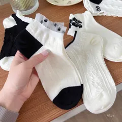 Combo 5 Đôi Tất Nữ Cổ Ngắn Phong Cách Hàn Quốc Ulzzang, Set Vớ Nữ Tiểu Thư Thêu Nơ, Viền Ren, Họa Tiết Thừng Xinh Xắn