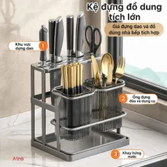 KỆ ĐỰNG DAO THỚT, ỐNG ĐỰNG ĐŨA MUỖNG ĐA NĂNG - Kệ Treo Tường Hoặc Để Bàn Kèm Khay Hứng Nước Cao Cấp, Màu Xám Hiện Đại