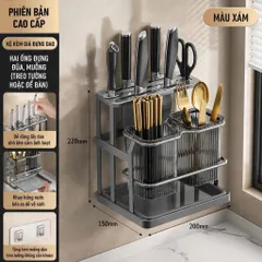 KỆ ĐỰNG DAO THỚT, ỐNG ĐỰNG ĐŨA MUỖNG ĐA NĂNG - Kệ Treo Tường Hoặc Để Bàn Kèm Khay Hứng Nước Cao Cấp, Màu Xám Hiện Đại