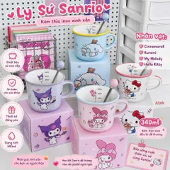 [Mã M08] Cốc Sứ Kèm Thìa Sanrio Siêu Cute - Ly Sứ 340ml Hình Hello Kitty, Kuromi, My Melody, Cinnamoroll Làm Quà Tặng