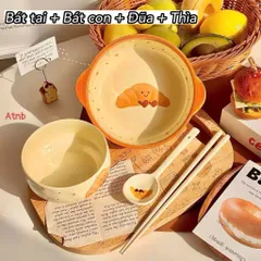 Bộ Bát Đĩa 4 Món Gốm Sứ Cao Cấp Decor - Set Bát Tô Có Quai, Chén Ăn Cơm, Thìa Đũa Họa Tiết Trái Cây Bánh Mì Dễ Thương