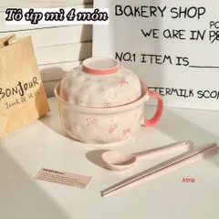 Set Bát Tô Sứ 2 Trong 1 Có Quai Cầm Kèm Nắp, Thìa, Đũa - Thiết Kế Nơ Hồng/Bông Tuyết Xinh Xắn, Bát Úp Mì, Tô Đựng Canh