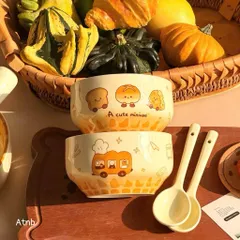 Set 4 Bát Kèm 4 Thìa Sứ Phong Cách Hàn Quốc Họa Tiết Bánh Mì Siêu Cute - Chén Ăn Cơm, Đựng Cháo, Ngũ Cốc Decor Bàn Ăn