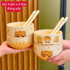 Set 4 Bát Kèm 4 Thìa Sứ Phong Cách Hàn Quốc Họa Tiết Bánh Mì Siêu Cute - Chén Ăn Cơm, Đựng Cháo, Ngũ Cốc Decor Bàn Ăn